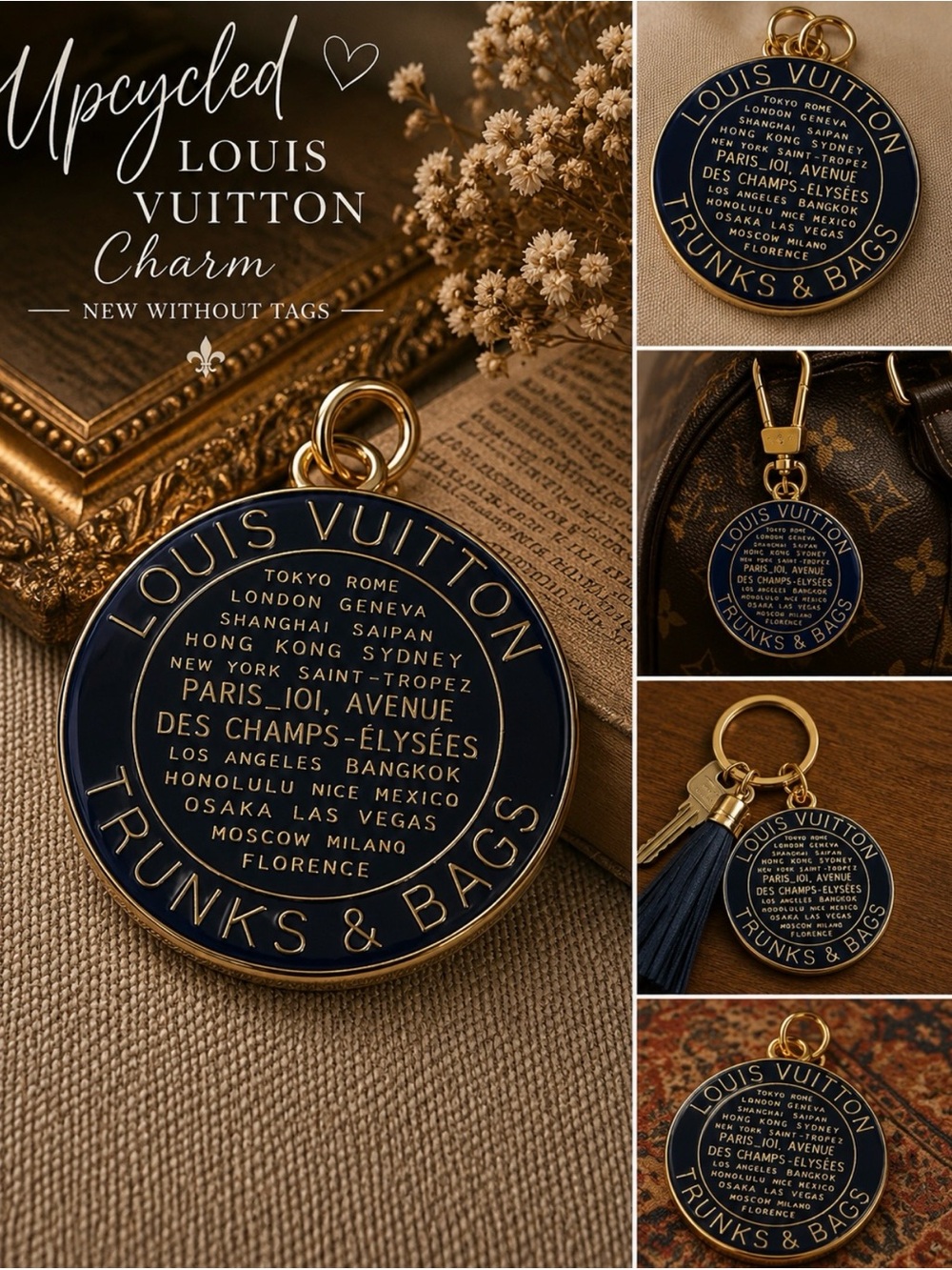 LV Upcycled Trunks & Bags Navy Blue & Gold Charm Pendant | Keychain | NWOT